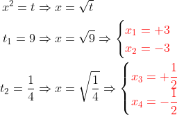\begin{aligned} x^{2}=t&\Rightarrow x=\sqrt{t}\\ t_{1}=9&\Rightarrow x=\sqrt{9}\Rightarrow \begin{cases}{\color{Red} x_{1}=+3}\\ {\color{Red} x_{2}=-3}\end{cases}\\ t_{2}=\dfrac{1}{4}&\Rightarrow x=\sqrt{\dfrac{1}{4}}\Rightarrow \begin{cases}{\color{Red} x_{3}=+\dfrac{1}{2}}\\ {\color{Red} x_{4}=-\dfrac{1}{2}}\end{cases} \end{aligned}